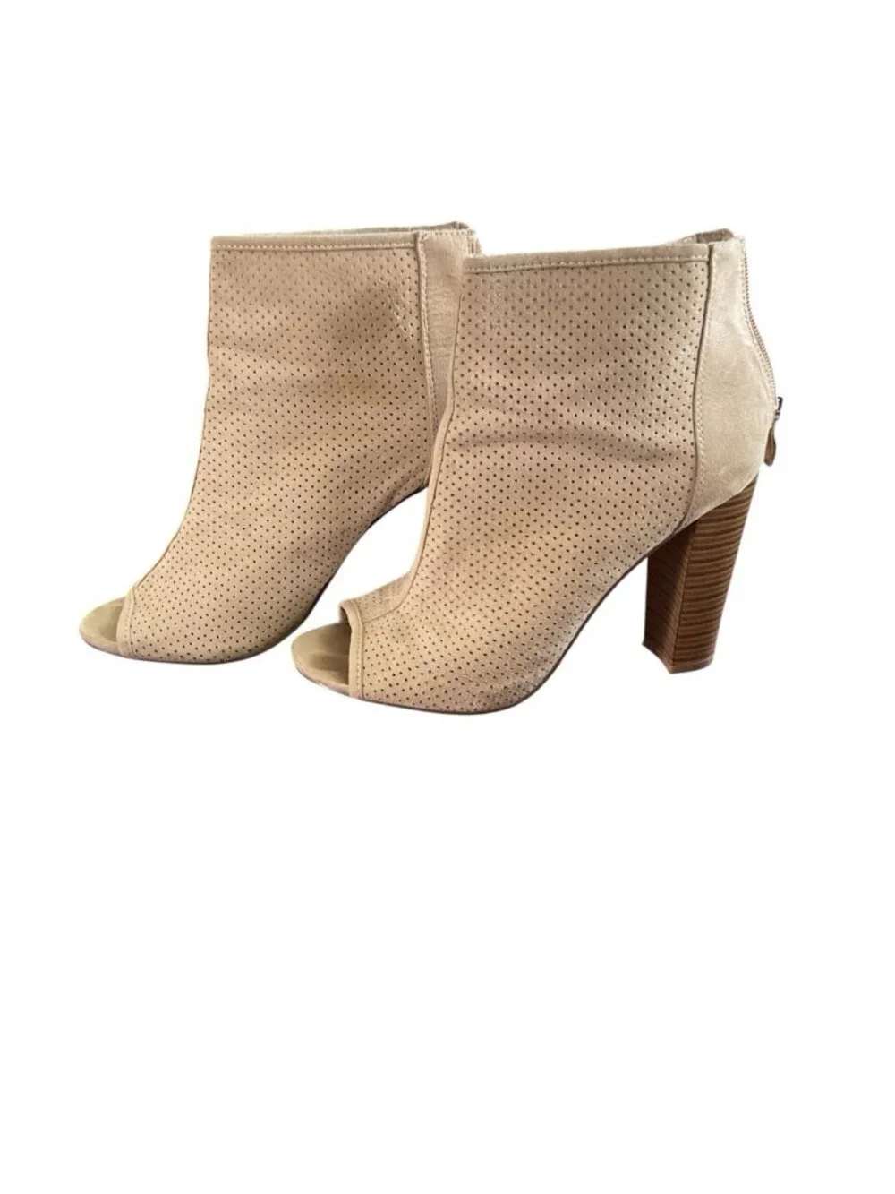 Shoe Dazzle Beige Perforated Peep-Toe Ankle Booties Open Toe Zip Up Size 8